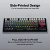 A close-up view of a black mechanical keyboard featuring a side-printed design and a full size keycaps set.