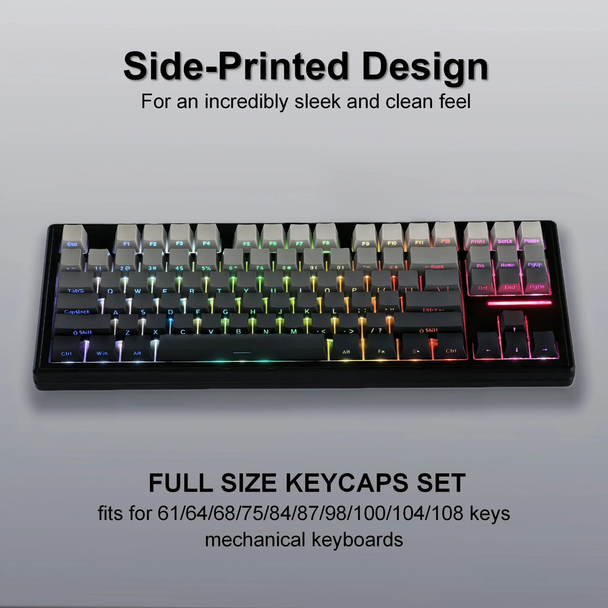 A close-up view of a black mechanical keyboard featuring a side-printed design and a full size keycaps set.