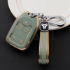 A transparent green TPU smart key fob cover with gold accents attached to a silver keychain.