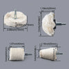 A set of cotton polishing buffing wheels for a drill, showing various sizes and dimensions.