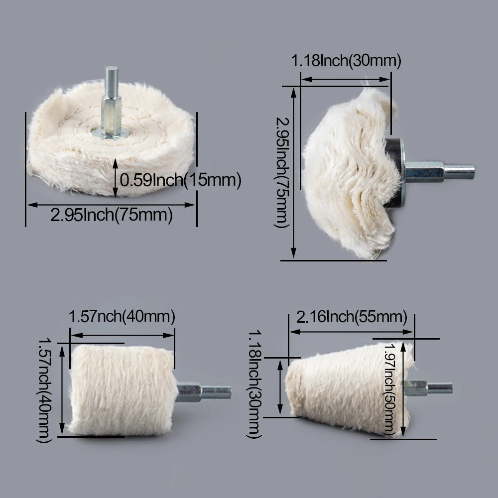 A set of cotton polishing buffing wheels for a drill, showing various sizes and dimensions.