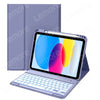 A silver iPad keyboard case with a purple cover and a screen displaying a colorful gradient.