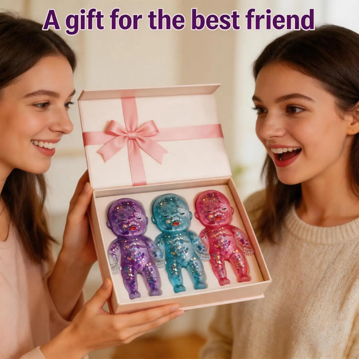 Two women smiling while presenting a pink gift box containing glitter squishy stress relief toys