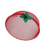 Red metal fruit basket with a mesh cover and storage organizer
