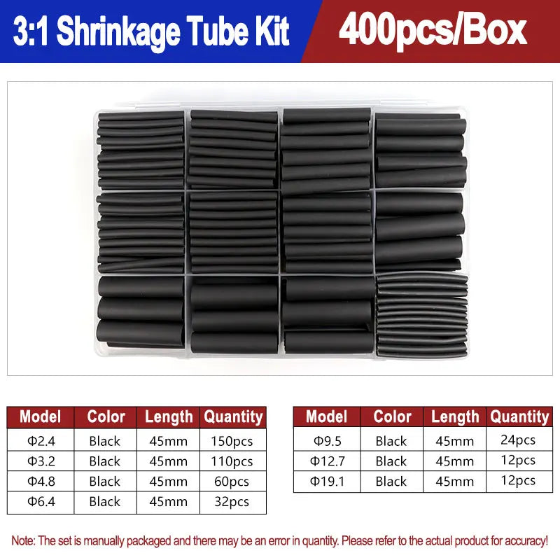 A box of black heat shrink tubing kit containing various sizes and lengths for shrinking pipes.
