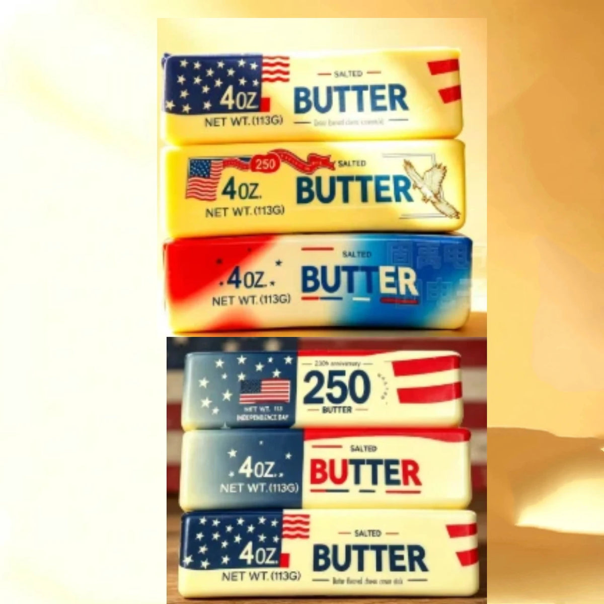 A collection of four butter-flavored fidget sticks in various sizes and patriotic designs.