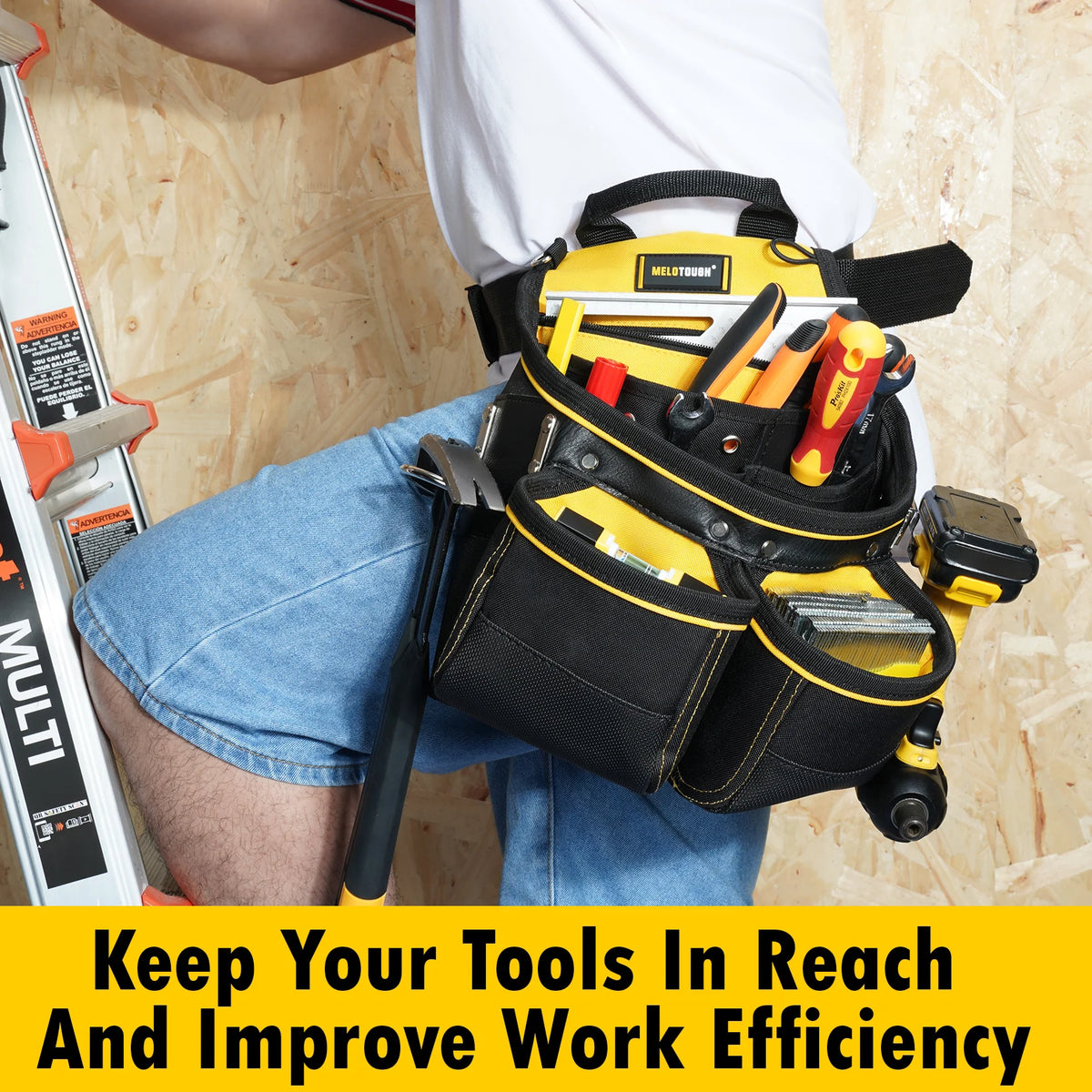 A yellow tool pouch with black accents is shown being held by a person, demonstrating its utility for keeping tools in reach.