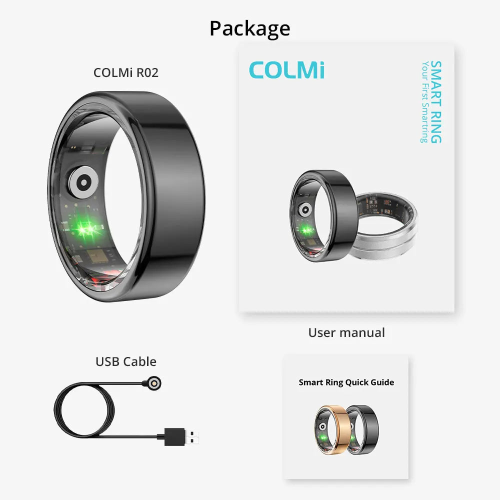 Package for a COLMi Smart Ring, showing the ring and an accompanying USB cable.