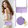 A purple crossbody phone wallet with a zipper closure and card slots worn by a woman.