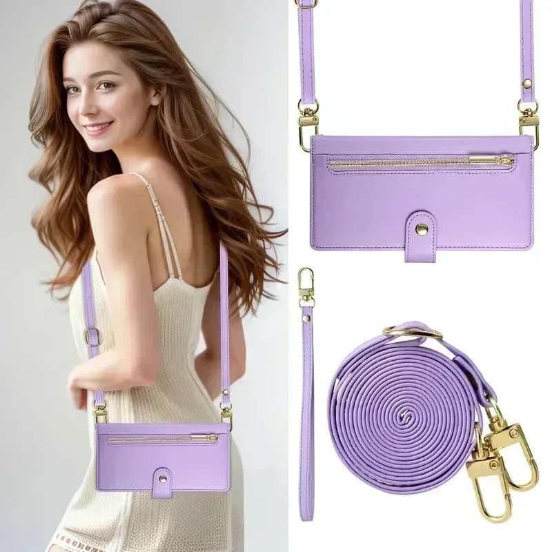 A purple crossbody phone wallet with a zipper closure and card slots worn by a woman.