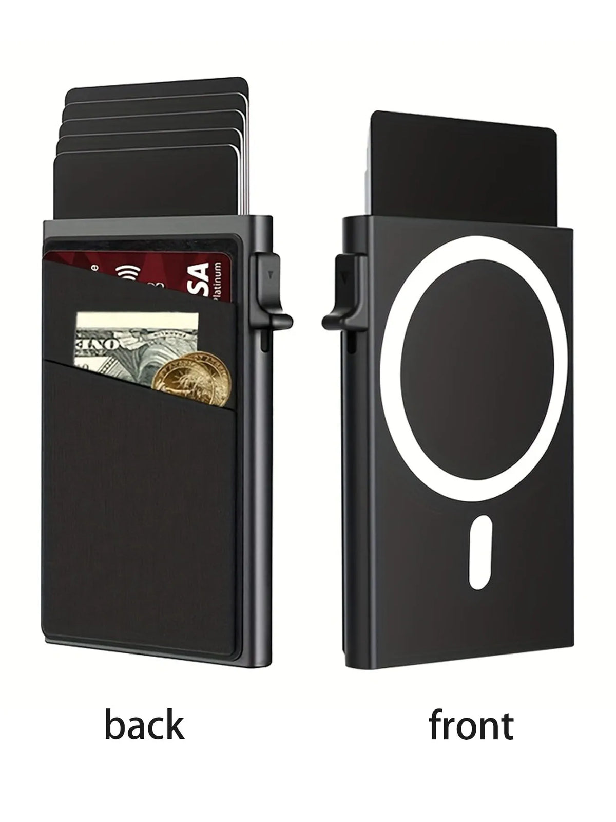 Front and back views of a black Pop-Up RFID blocking card holder displaying various cards.