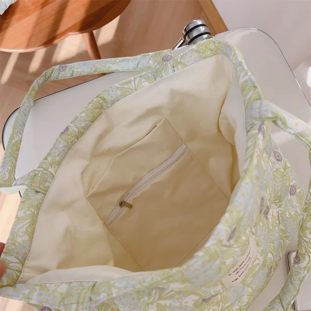 Quilted Floral Cotton Tote Bag with Padded Handle