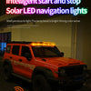 An orange Jeep is shown with solar LED navigation lights installed, next to a remote control and solar panels.
