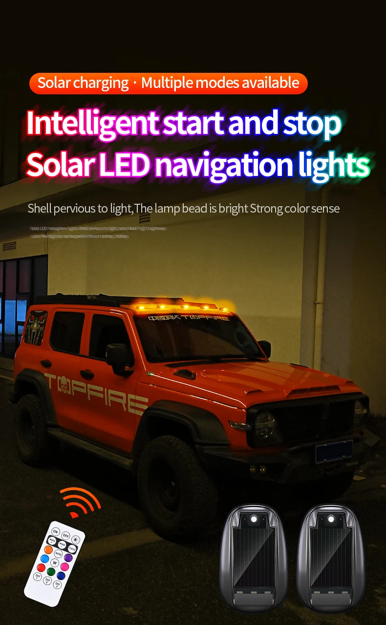 An orange Jeep is shown with solar LED navigation lights installed, next to a remote control and solar panels.