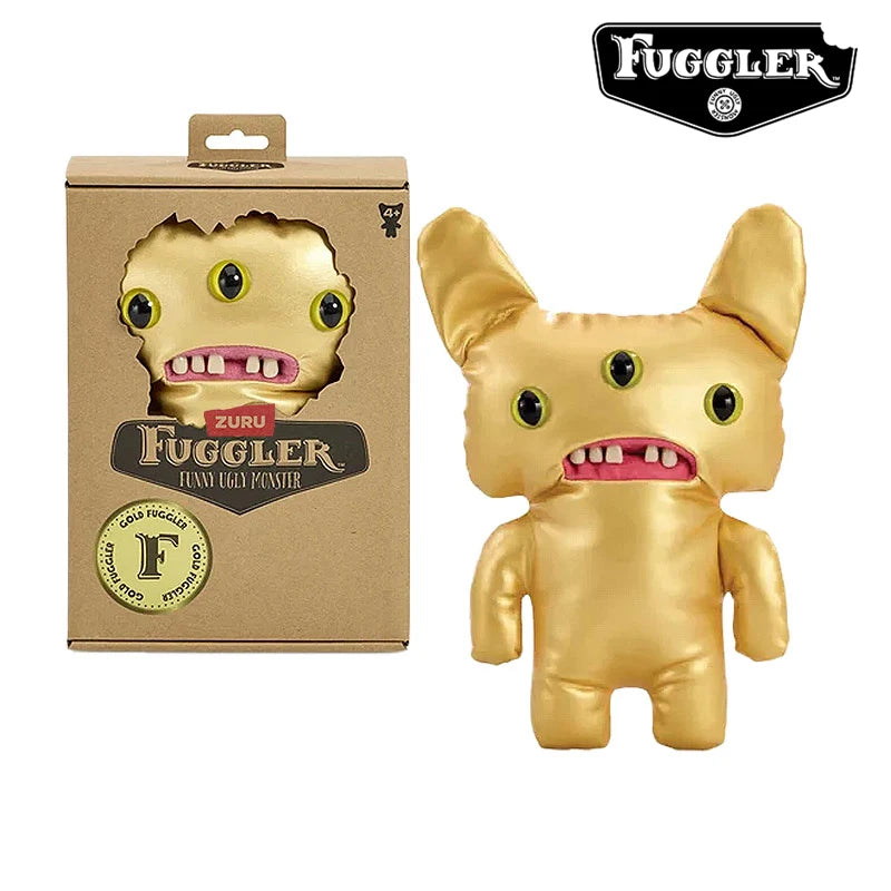 A golden plush toy of an ugly monster with funny teeth and large ears.
