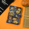 A dark blue cartoon pu leather passport holder featuring cute animal characters and various icons.