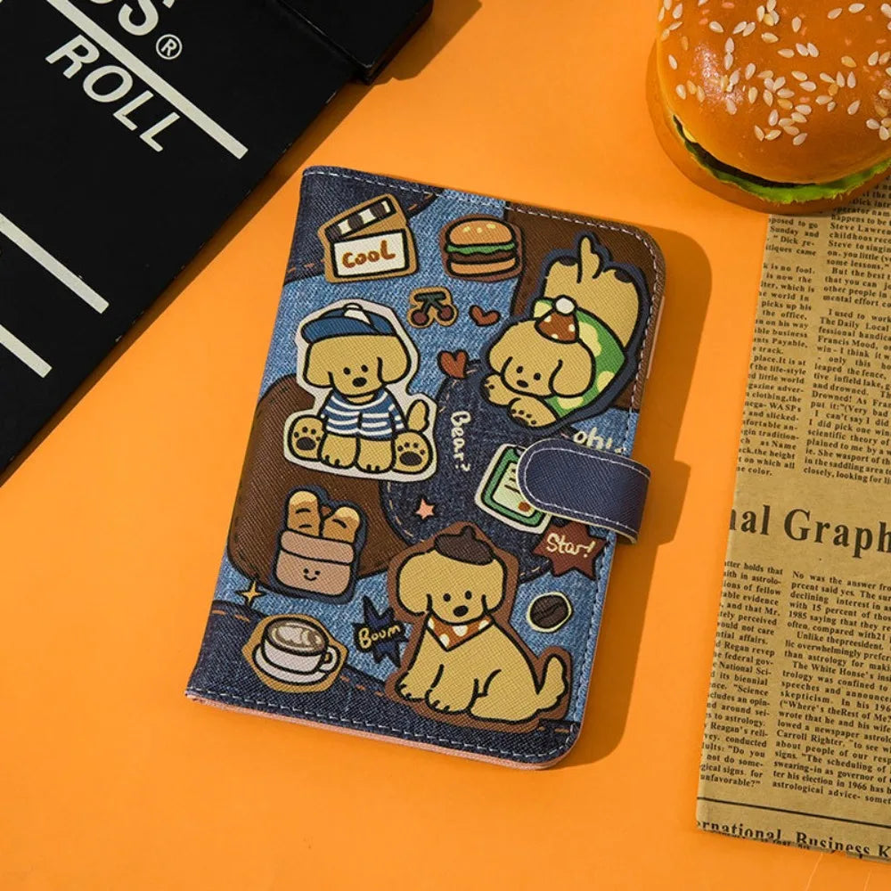 A dark blue cartoon pu leather passport holder featuring cute animal characters and various icons.