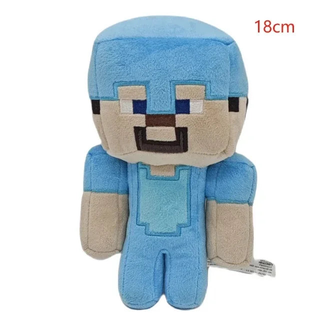 A light blue soft plush doll resembling the Minecraft character Steve.