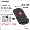 Black remote control for garage door, compatible with various models and featuring a 300MHz 10-dip switch.