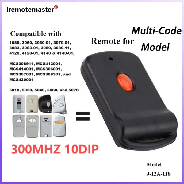 Black remote control for garage door, compatible with various models and featuring a 300MHz 10-dip switch.