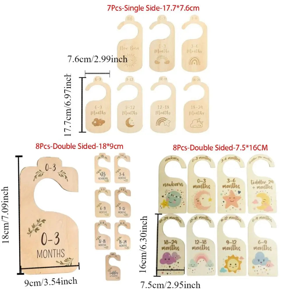 Set of wooden baby closet dividers with cartoon labels for organizing baby clothes