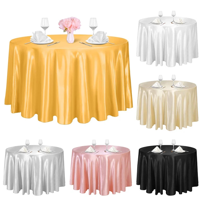A collection of elegant satin round tablecloths in yellow, white, and black, displayed for events.