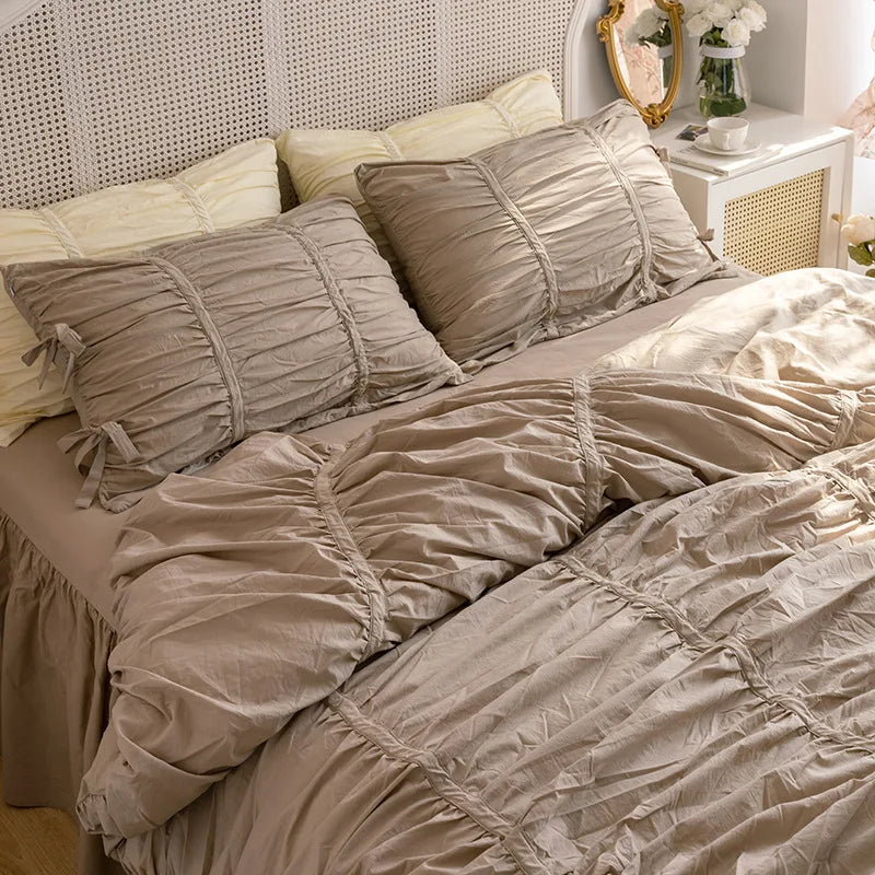 Washed Cotton Ruffle Bedding Set with Bow Ties – Pure White