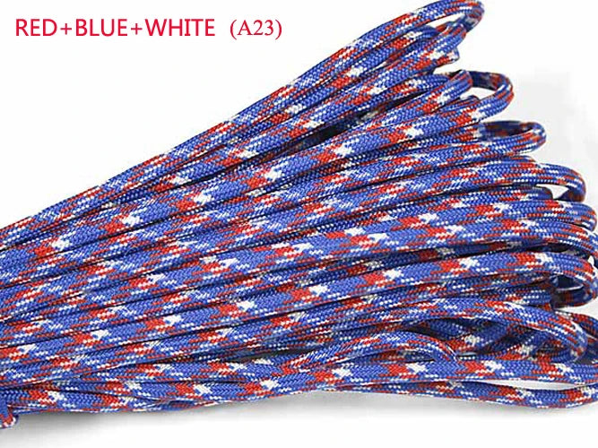 A bundle of red, blue, and white paracord rope with a diamond pattern.