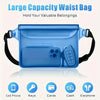 A light blue waist bag designed to hold valuables, featuring slots for a phone, keys, cards, cash, and an earphone.