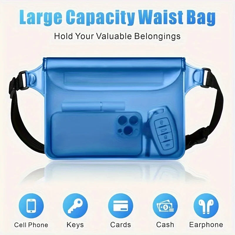 A light blue waist bag designed to hold valuables, featuring slots for a phone, keys, cards, cash, and an earphone.