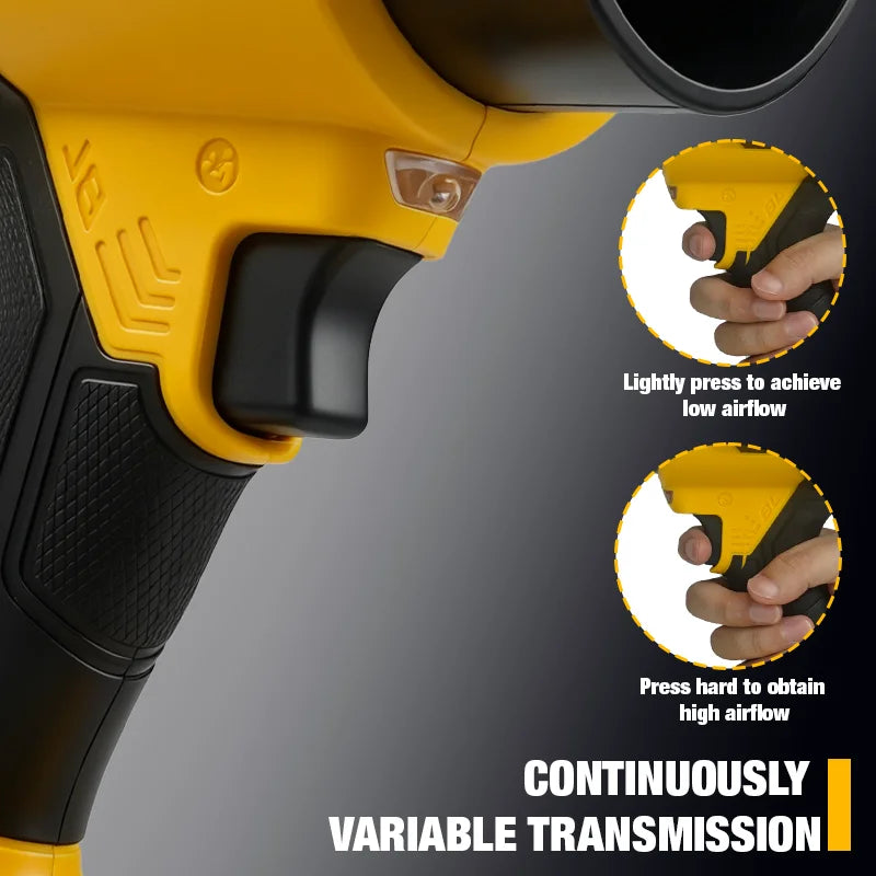 Close-up view of a yellow and black cordless turbo leaf blower with variable transmission controls.
