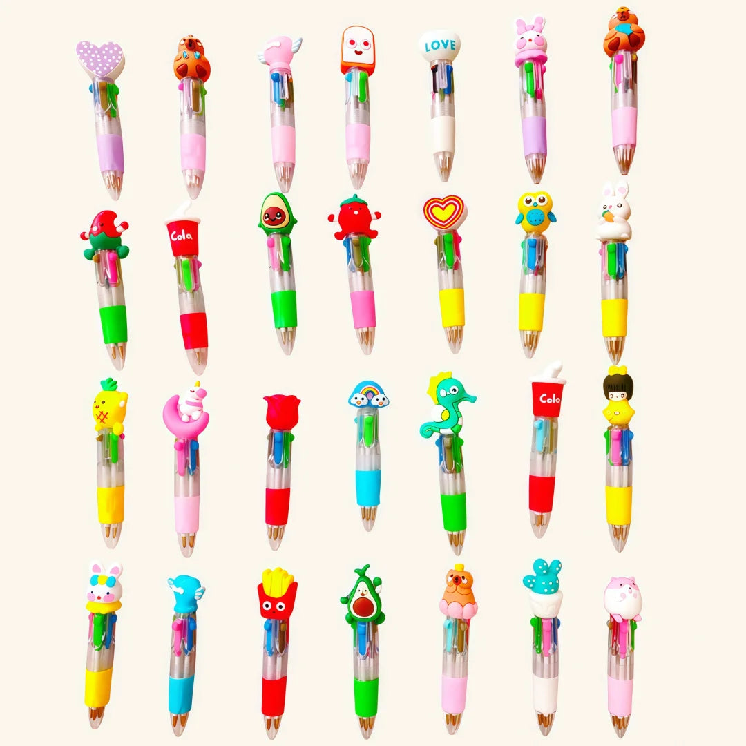 A collection of colorful kawaii ballpoint pens in various shapes and colors suitable for party favors or classroom prizes.