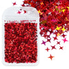 A clear plastic container filled with red holographic star sequins for resin crafts