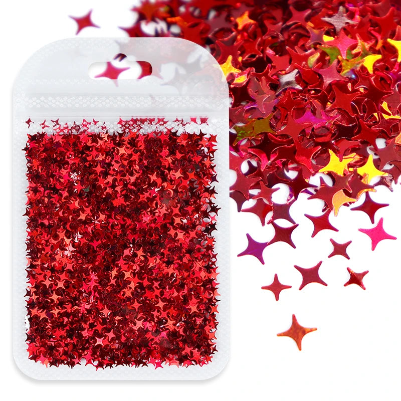 A clear plastic container filled with red holographic star sequins for resin crafts