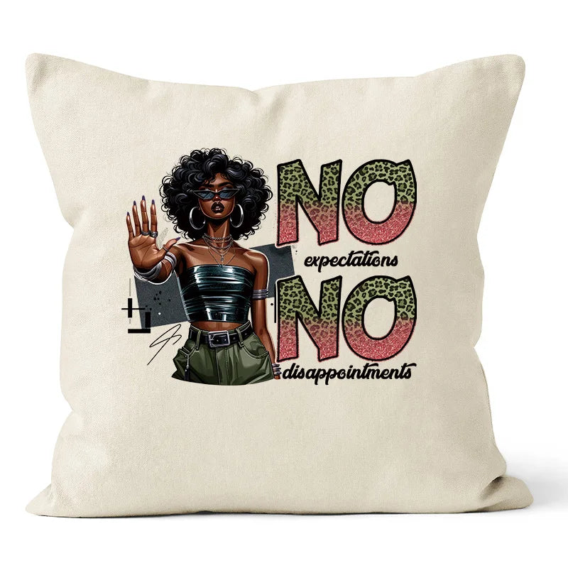 A beige throw pillow featuring a graphic design with the text NO expectations NO disappointments in large, distressed letteri