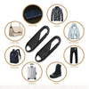 A set of eight universal metal zipper sliders replacement parts shown in circular icons.