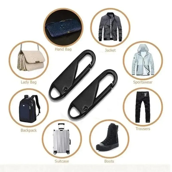 A set of eight universal metal zipper sliders replacement parts shown in circular icons.