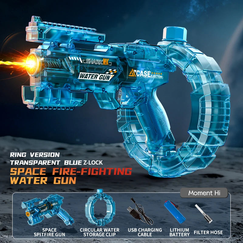 Transparent blue Z-lock ring version of a space fire-fighting water gun with an attached hose and accessories