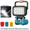 Portable LED work light with a battery pack and various adapter options for Makita/Dewalt/Milwaukee batteries