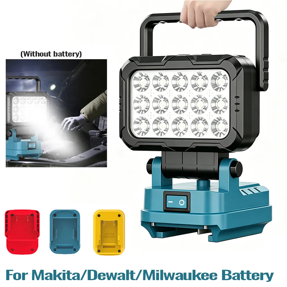 Portable LED work light with a battery pack and various adapter options for Makita/Dewalt/Milwaukee batteries