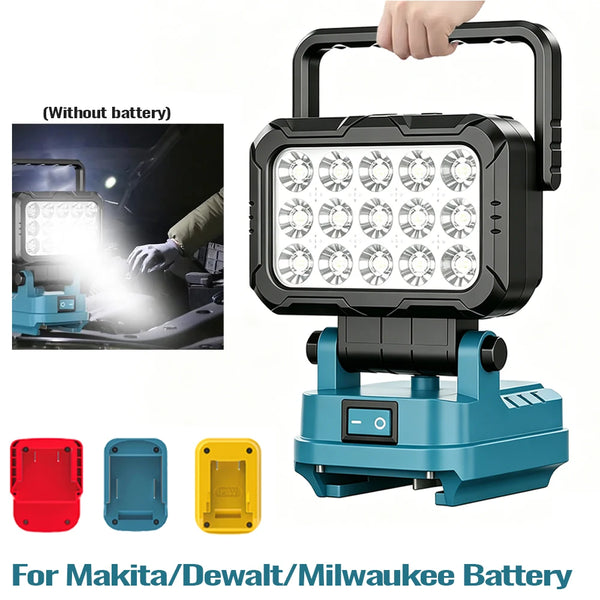 Portable LED work light with a battery pack and various adapter options for Makita/Dewalt/Milwaukee batteries