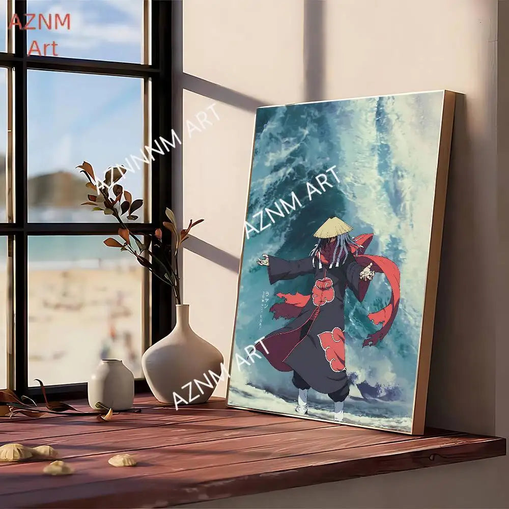 A canvas art print depicting a figure in Akatsuki vintage style, featuring dark clothing and vibrant red accents against a bl