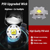 Close-up view of a P50 upgraded wick LED flashlight with bright yellow light and car headlight brightness comparison.