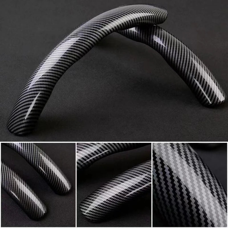 Close-up view of an ultra-thin carbon fiber steering wheel cover with a black and white checkered pattern.