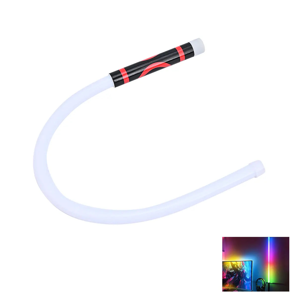 A white flexible LED light bar with a black and red grip is shown against a white background.