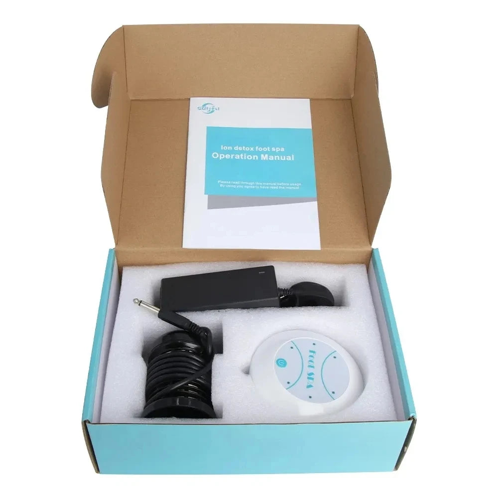 A box containing an ionic detox foot spa device and its operation manual.