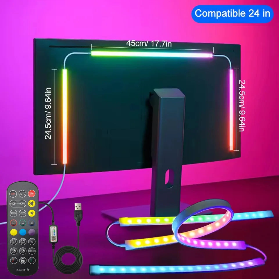 An RGBIC LED monitor backlight strip is shown illuminating a black monitor screen and a separate flexible light strip.