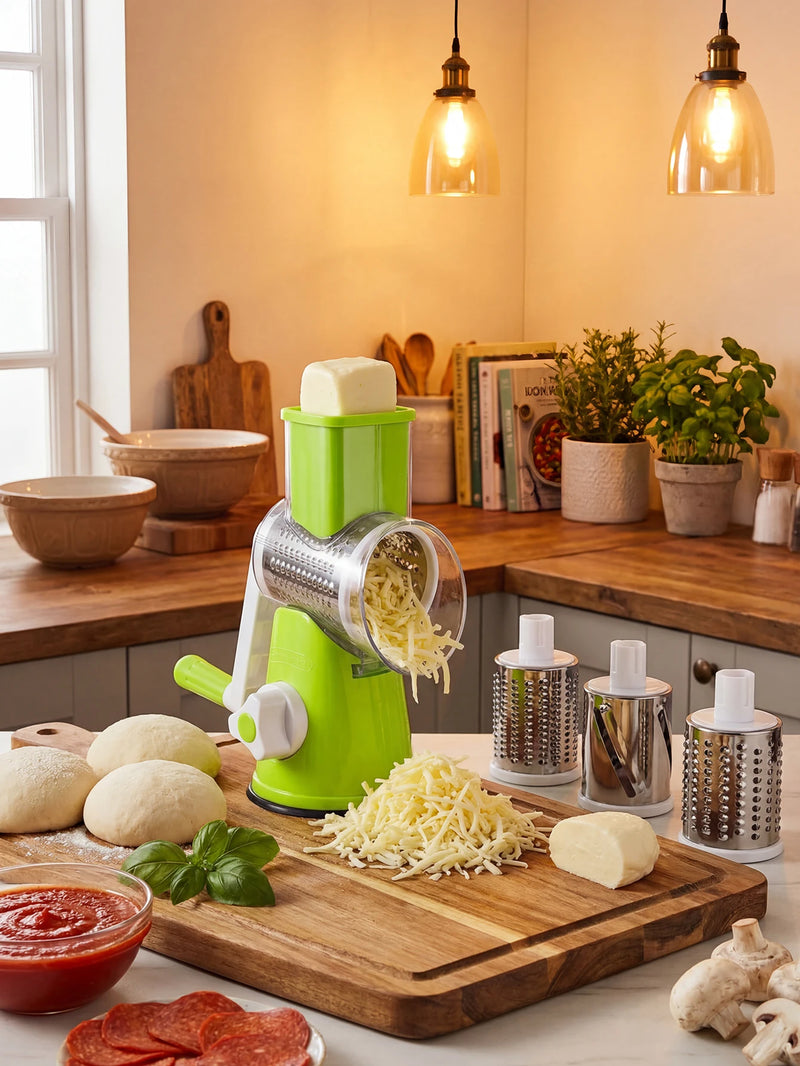 Multi-Function Rotary Cheese Grater with Suction Base and Round Mandoline Slicer