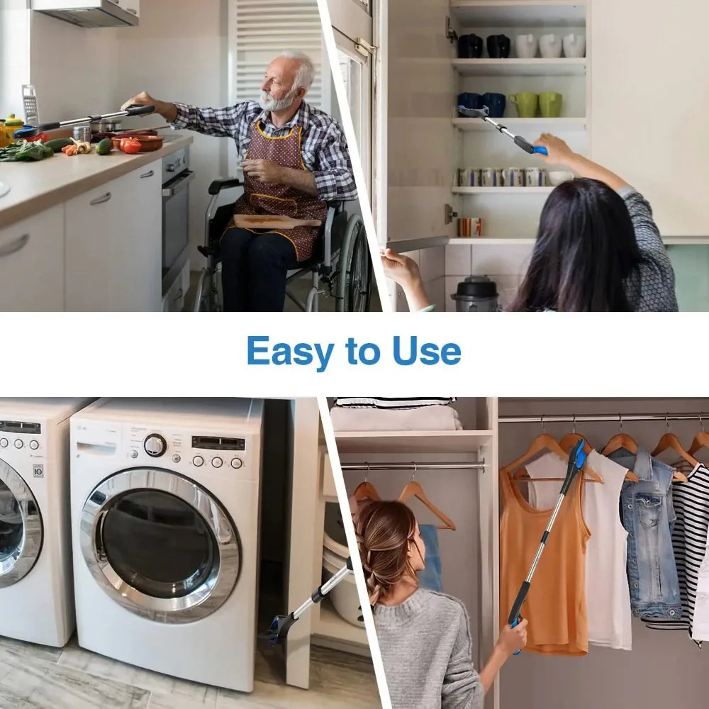 A person is using a foldable extra-long pickup tool with a rotating grip to pick up items from a high shelf.