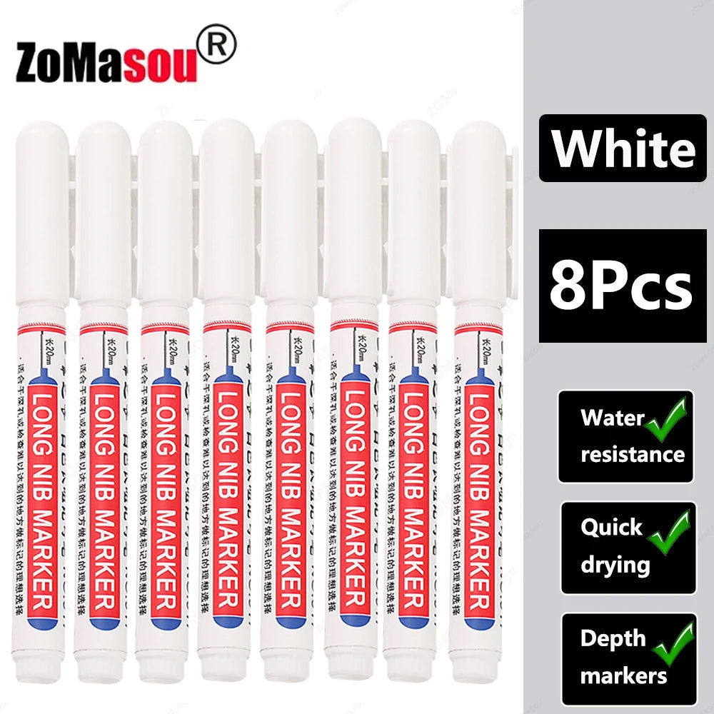 White long nib marker set with 8 pieces for woodworking and construction